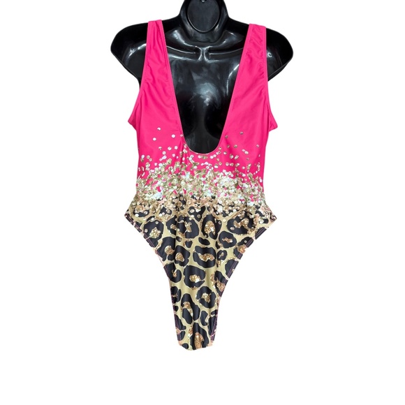 Pink Mixed Gold Petals & Animal Print One Piece Swimsuit Women's Size XL - Picture 7 of 13